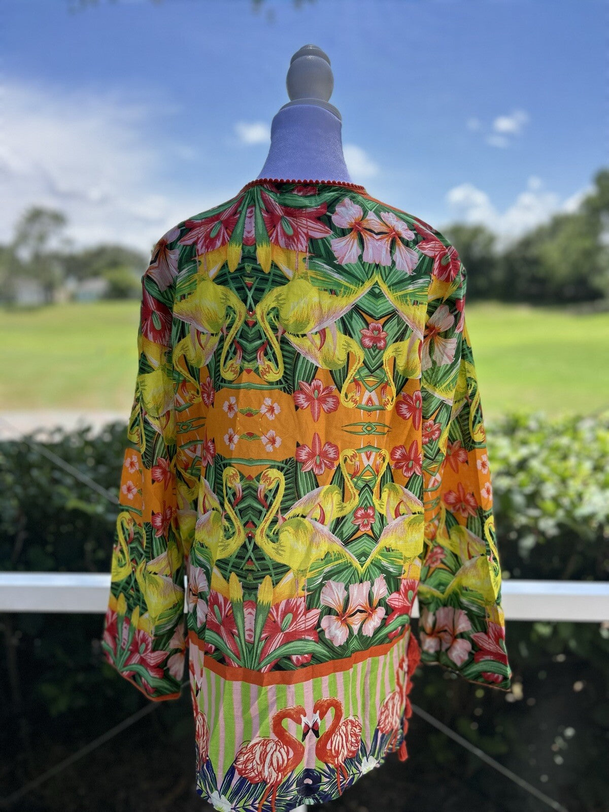 ANTICA SARTORIA YELLOW ORANGE GREEN FLAMINGO SEQUIN SHIRT  COVERUP S/M 🦩💛🧡💚
