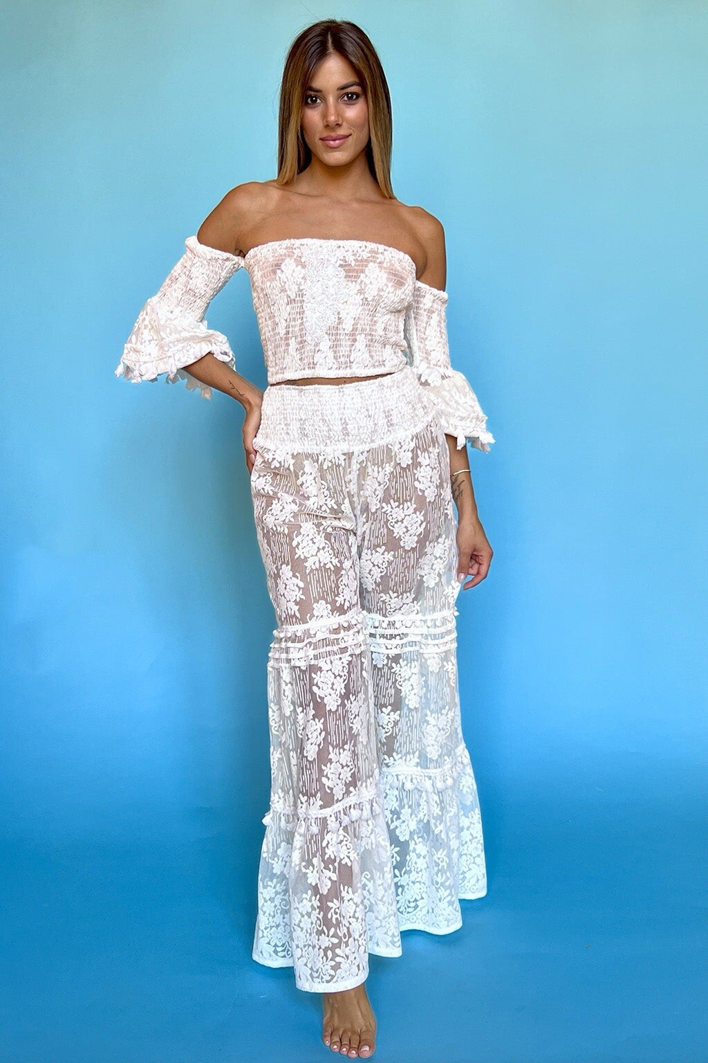 ANTICA SARTORIA 2024 SMOCKED TOP & PANTS SET WHITE LACE GORGEOUS NWT O/S LAST 1