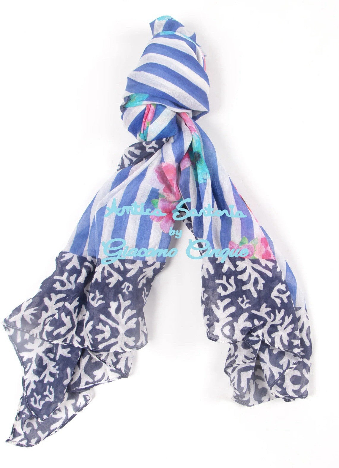 Antica Sartoria 2025 Blue Stripes & Flowers Scarf Wrap NWT 40x70 Poly chiffon