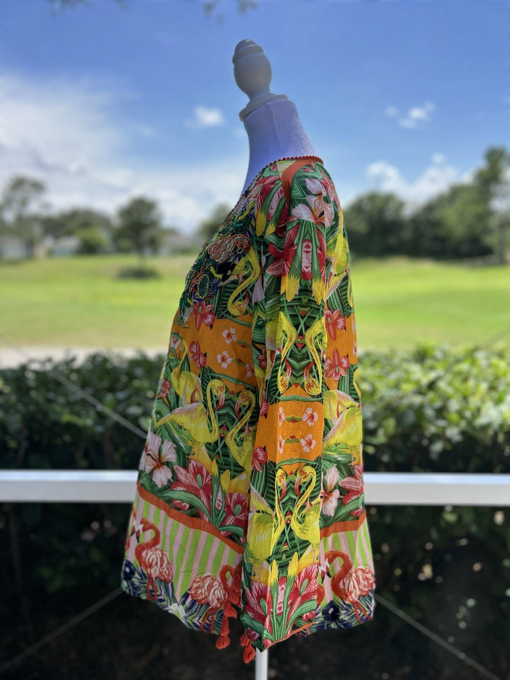 ANTICA SARTORIA YELLOW ORANGE GREEN FLAMINGO SEQUIN SHIRT  COVERUP S/M 🦩💛🧡💚