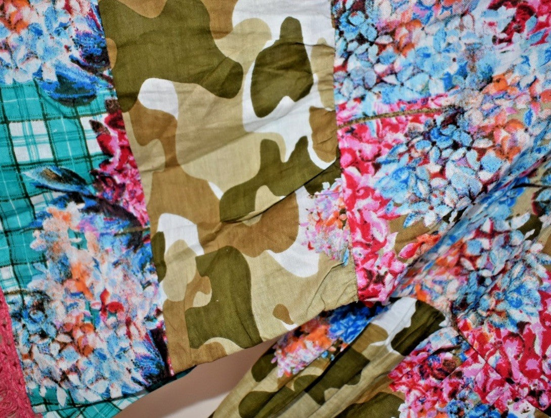 ANTICA SARTORIA 2024 CAMO & FLOWERS FUN PRINT FRONT V NECK DRESS NWT O/S