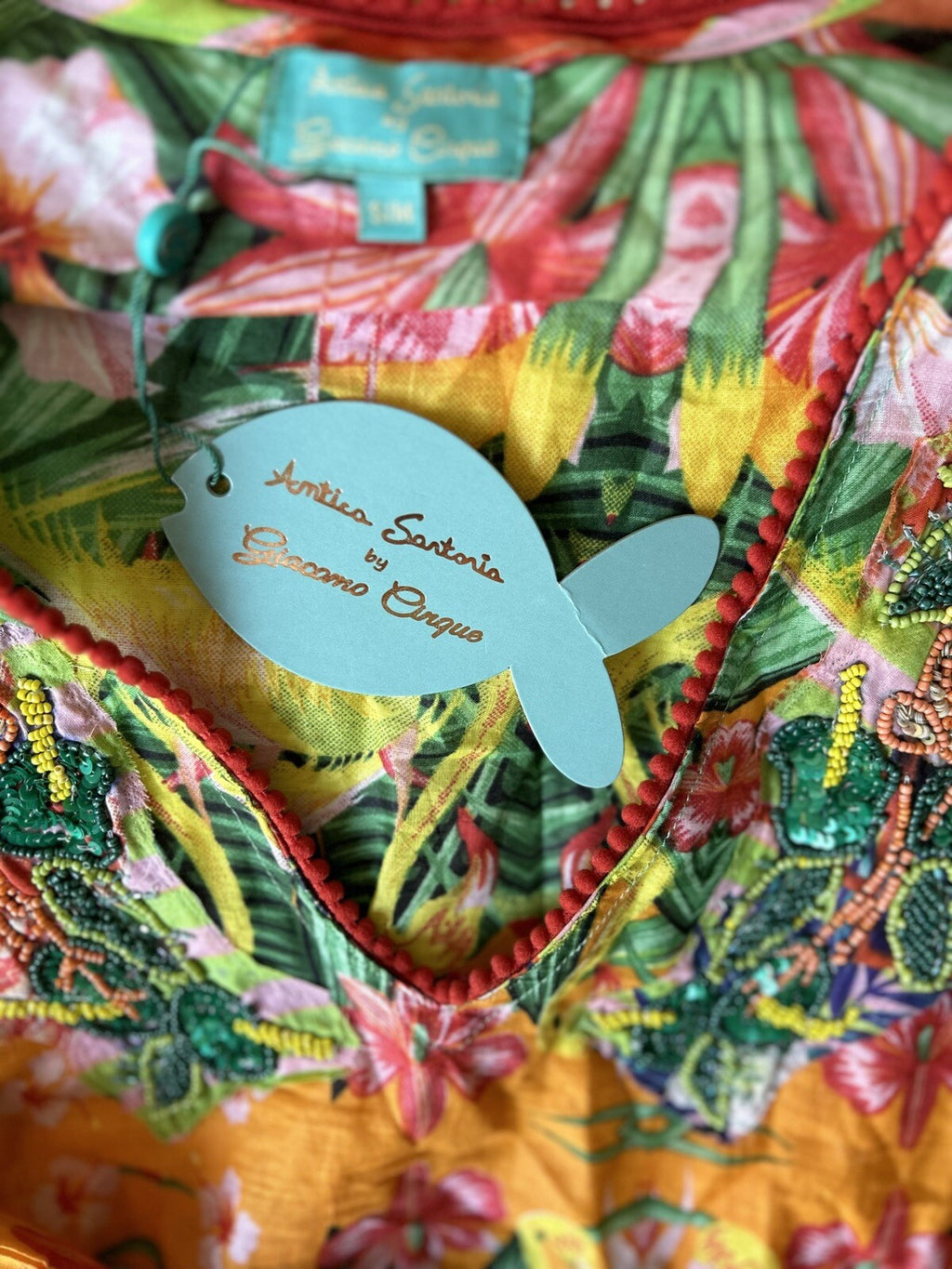 ANTICA SARTORIA YELLOW ORANGE GREEN FLAMINGO SEQUIN SHIRT  COVERUP S/M 🦩💛🧡💚