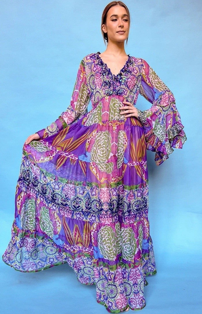 Antica Sartoria Purple Colorful Long Dress Gorgeous Chiffon NWT O/S