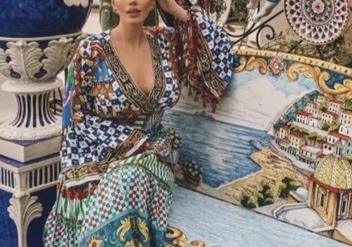 Antica Sartoria 2024 Gorgeous Green & Blue Long V Neck Beaded Top Dress NWT O/S