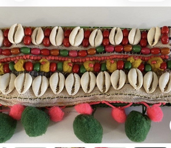ANTICA SARTORIA MULTI COLORED BELT WITH SHELLS & POMPOMS NWT