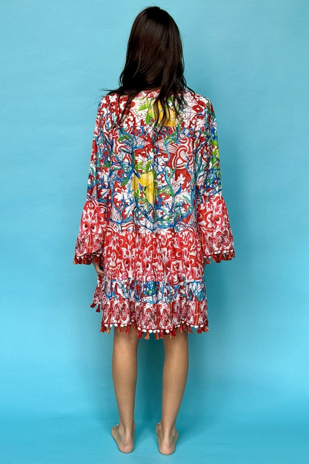 ANTICA SARTORIA RED WHITE LEMONS V NECK SHORT DRESS 0/S 2024