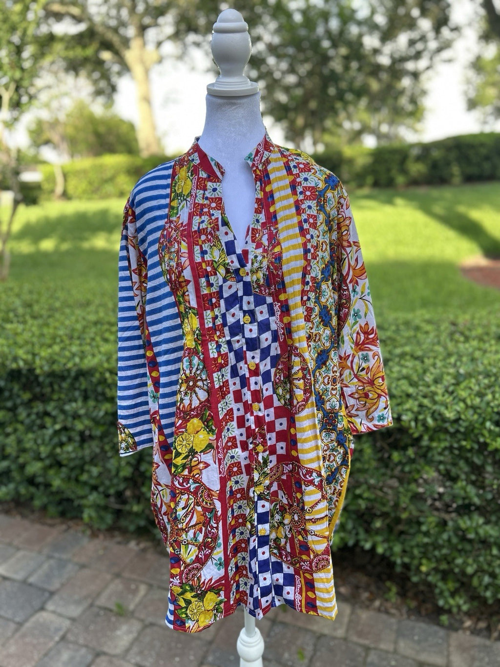 Antica Sartoria Red Blue Yellow Stripes Button Down Shirt Dress NWT XL