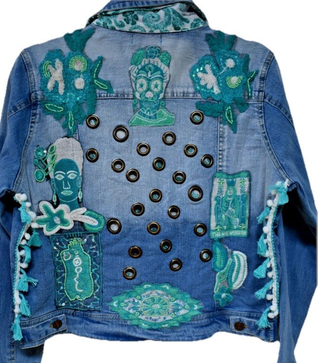 ANTICA SARTORIA LARGE AQUA WITH FACES JEAN JACKET NWT