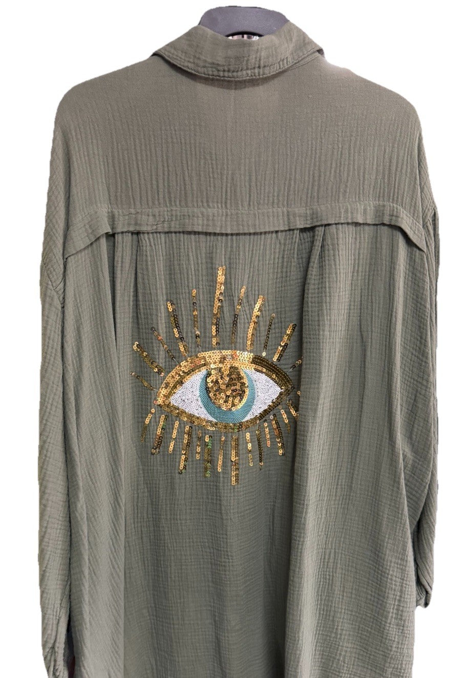 Made In Italy Khaki Green Sequin Cheesecloth Top Eye Shirt Cover Up O/S NWT