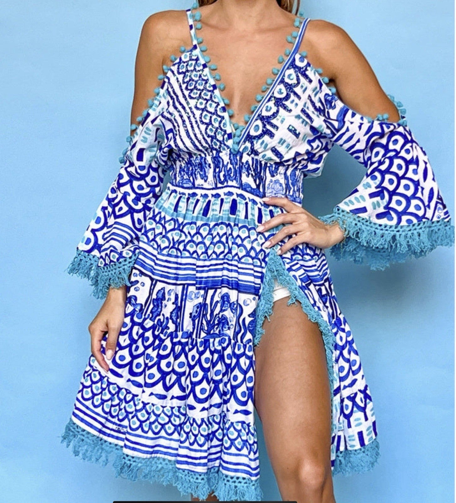 ANTICA SARTORIA Blue & WHITE DRESS COLD SHOULDER V NECK DRESS NWT O/S