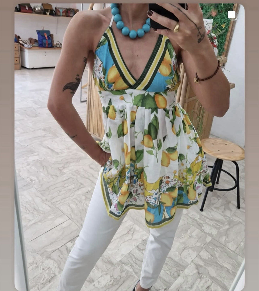 antica sartoria 2025 Green & Lemon Short Dress Top NWT O/S