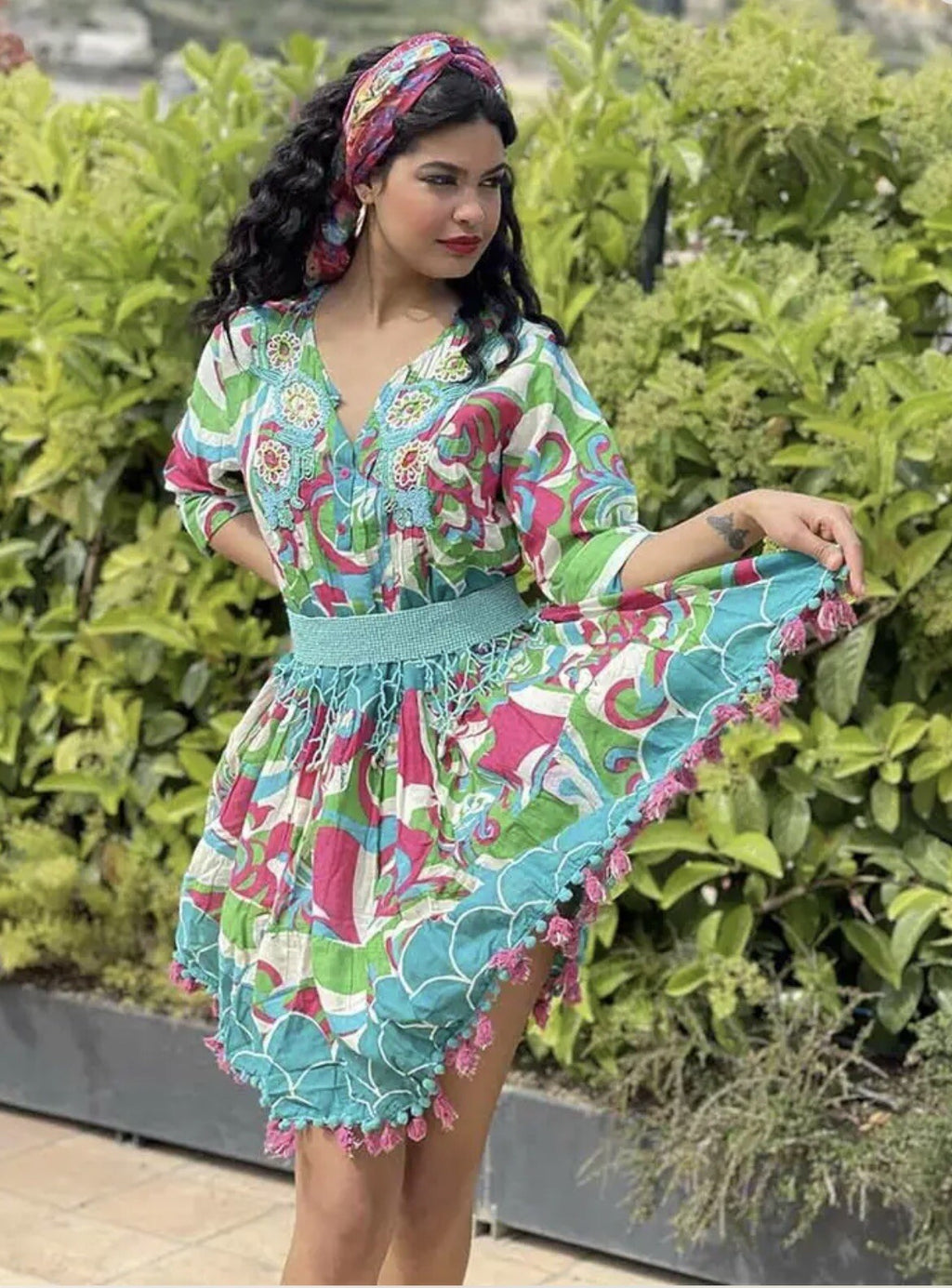 ANTICA SARTORIA 2022  TWO BUTTON WAVES AQUA PINK GREEN DRESS WITH SEQUIN 🩵🩷💚
