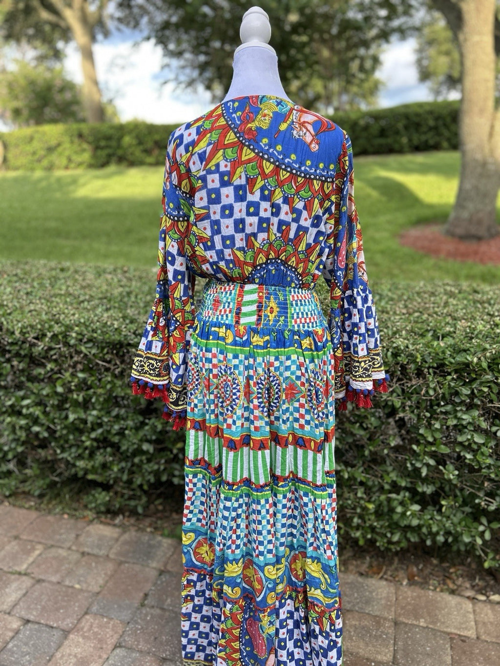 Antica Sartoria 2024 Gorgeous Green & Blue Long V Neck Beaded Top Dress NWT O/S
