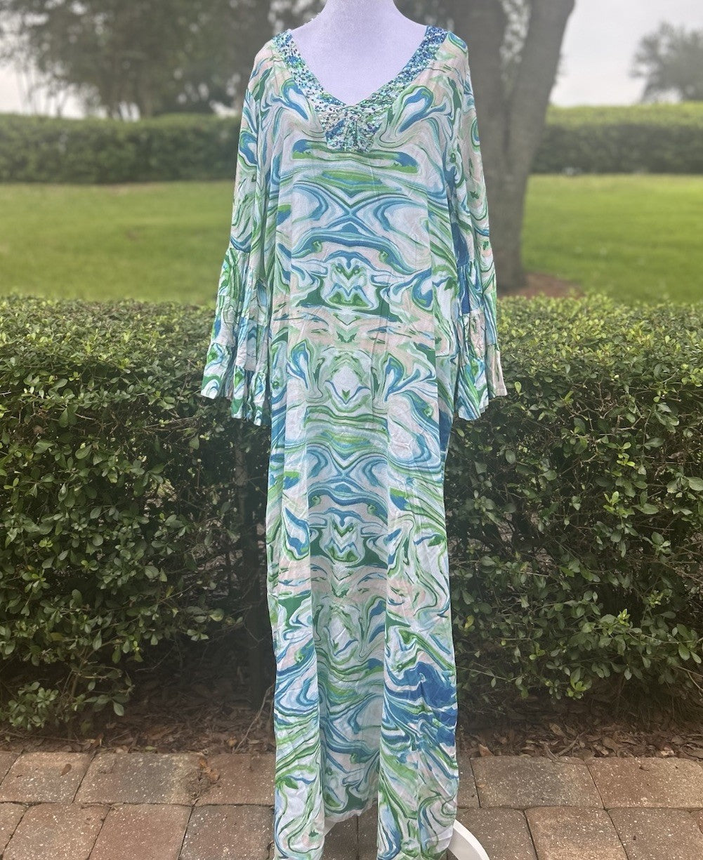 Antica Sartoria 2024 Blue Green White Swirl V Neck Beaded Kaftan Dress Nwt S/M
