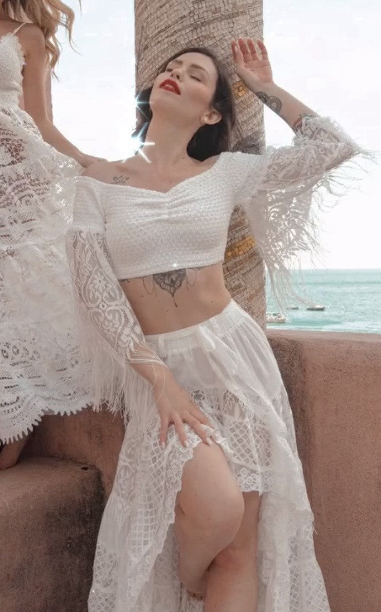 Antica Sartoria 2024 Stunning White Lace Top Skirt High Low With Fringe