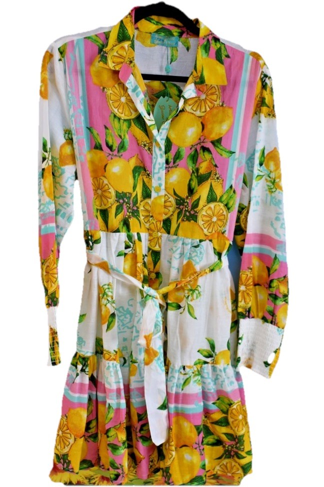 ANTICA SARTORIA 2026 LEMONS PINK & WHITE BELTED DRESS OS NWT