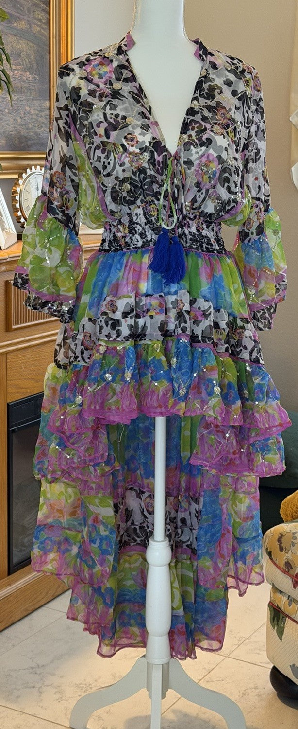 Antica Sartoria Fun Print Green Pink High Low Chiffon Dress O/S