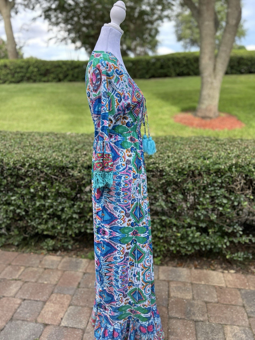Antica Sartoria 2024 Blue Pink & White Evil Eye Long V Neck Beaded Dress NWT O/S