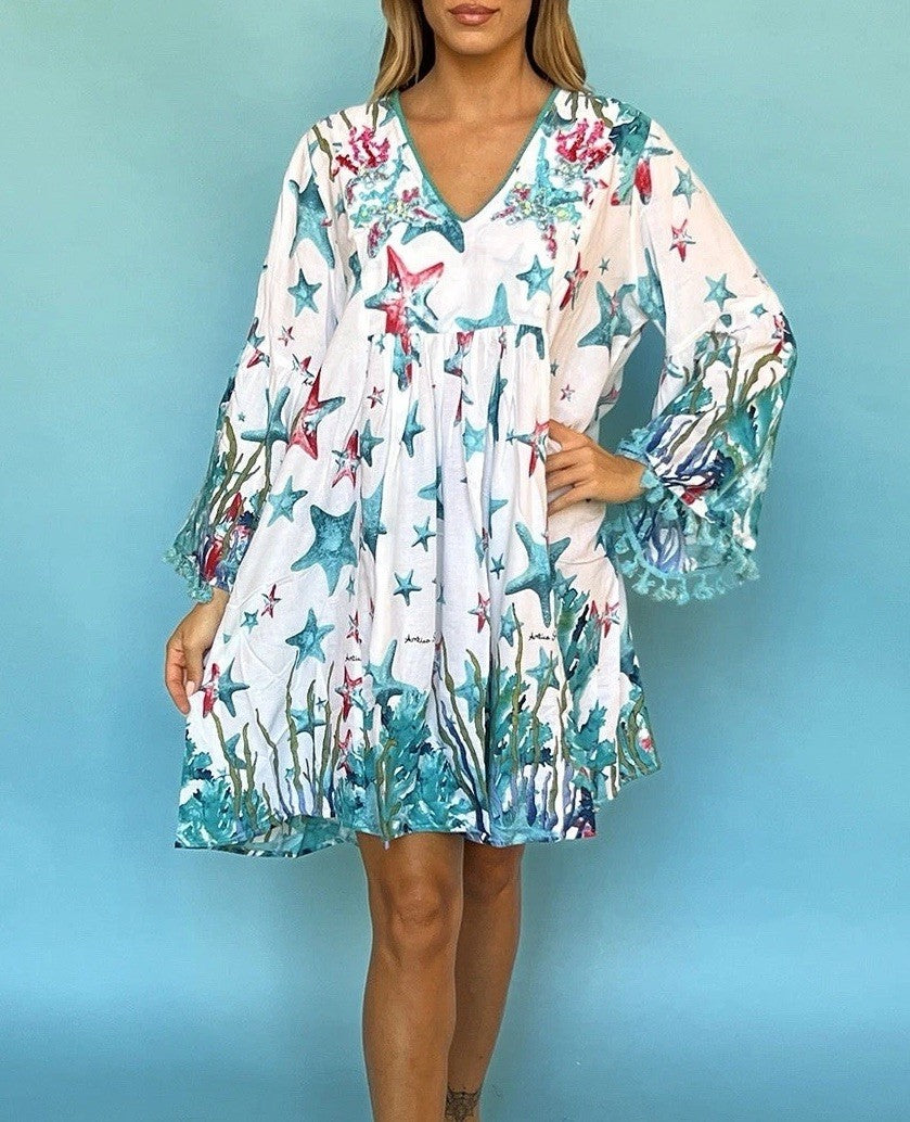 ANTICA SARTORIA 2024 BLUE & WHITE STARFISH & CORAL SHORT DRESS NWT S/M