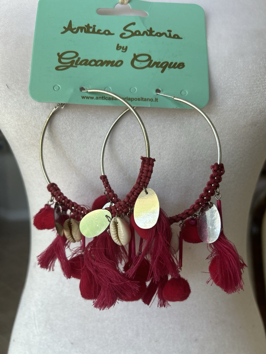 ANTICA SARTORIA PINK POM POM & SHELLS HOOP EARRINGS NWT