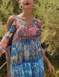 Antica Sartoria Long FLOWEY peek a boo sleeve Dress Blue & Pink Beautiful NWT OS