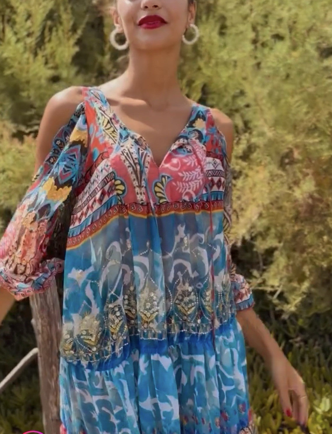 Antica Sartoria Long FLOWEY peek a boo sleeve Dress Blue & Pink Beautiful NWT OS
