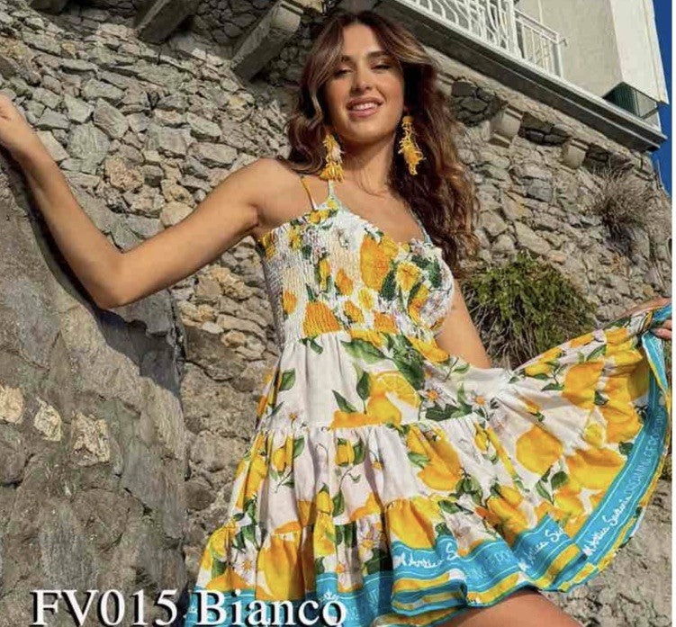 Antica Sartoria 2026 Gorgeous White Aqua And Lemon Smocked Top Dress Nwt O/S