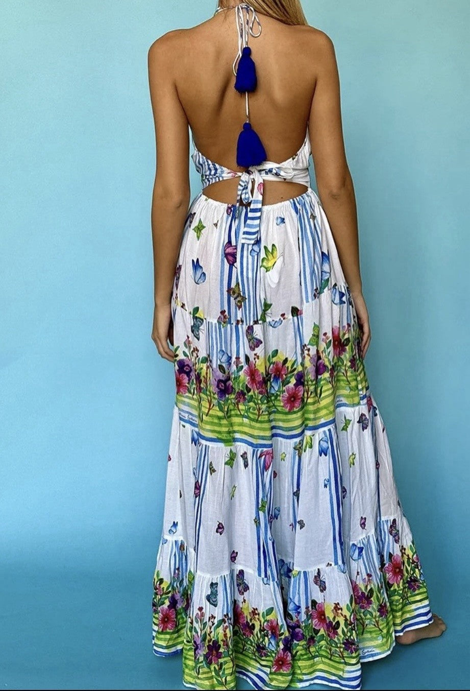 Antica Sartoria 2024 Long Halter V Neck Beaded  Butterflies & Stripes Dress Nwt