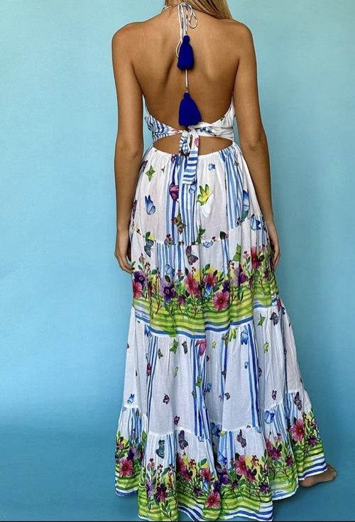 Antica Sartoria 2024 Long Halter V Neck Beaded  Butterflies & Stripes Dress Nwt
