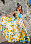 Antica Sartoria 2026 White Blue & Lemon Strappy Long V Neck Front & Back Dress