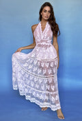 Antica Sartoria White Long Lace Long Dress With Halter Back Tie