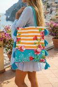 ANTICA SARTORIA 2026 ORANGE & WHITE STRIPE WITH PINK FLOWERS BِِEACH TOTE BAG