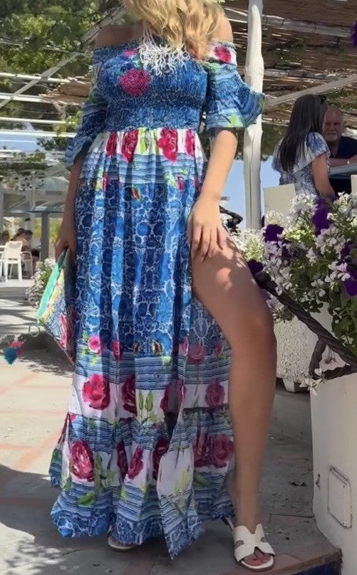 ANTICA SARTORIA 2024 BLUE RUN FOR THE ROSES SMOCKED TOP LONG DRESS OS NWT