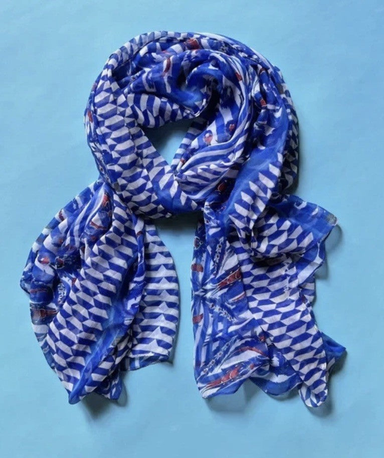 ANTICA SARTORIA 2025 WHITE & BLUE POLY CHIFFON SCARF O/S