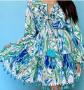 ANTICA SARTORIA 2024 AQUA BLUE WHITE &GREEN SWIRLS TIE FRONT DRESS NWT O/S