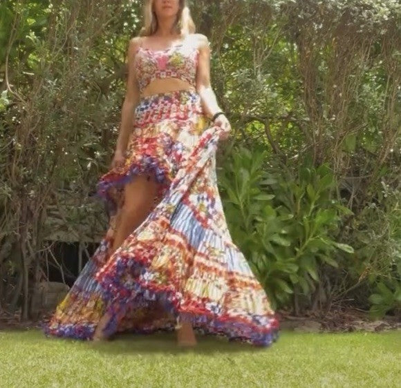 ANTICA SARTORIA SICILIAN WHEEL SHORT FRONT LONG BACK TOP & SKIRT COTTON SET NWT