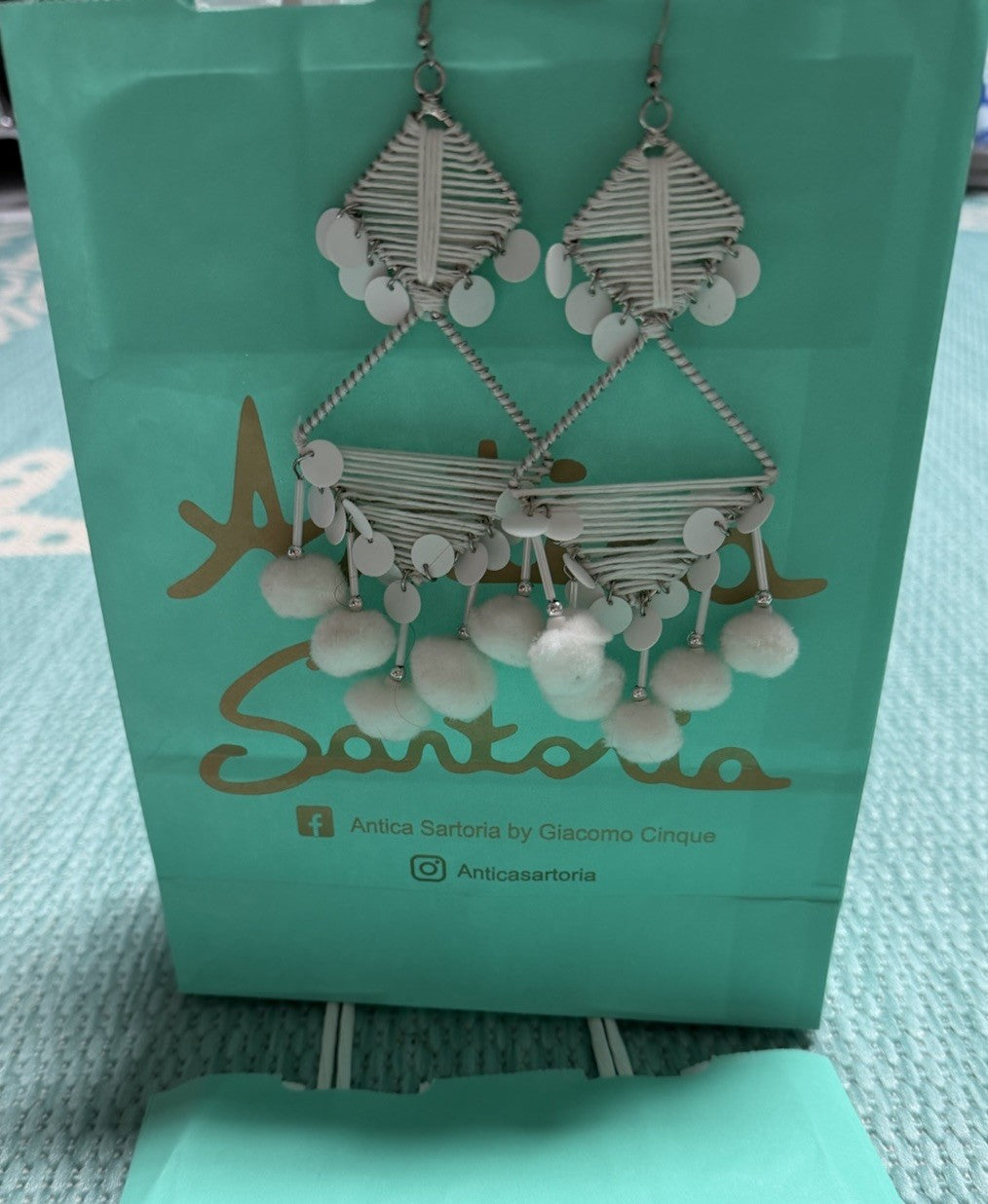 Antica Sartoria Pom Pom Hoop Triangle Earrings Pure White Nwt 🤍