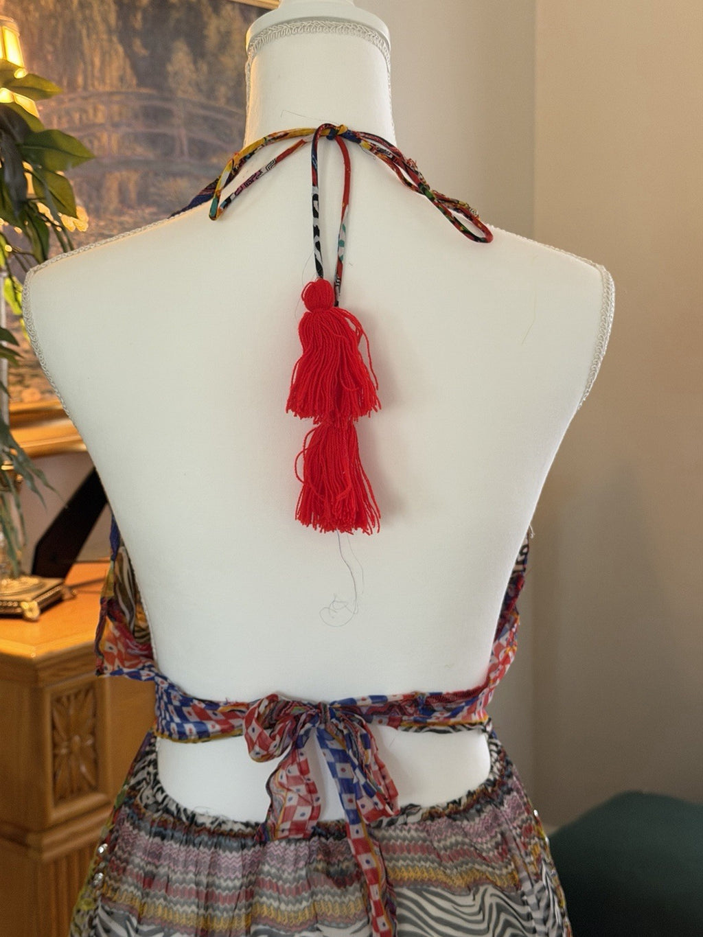 Antica Sartoria Long Beaded Colorful Red Brown Chiffon Halter Dress O/S