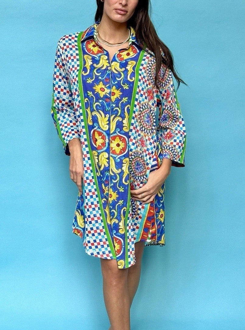 ANTICA SARTORIA 2024 L/XL AQUA LEMONS & CORAL BUTTON DOWN SHORT DRESS NWT