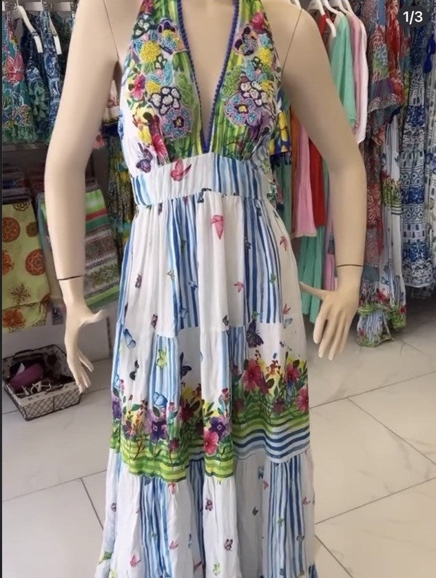 Antica Sartoria 2024 Long Halter V Neck Beaded  Butterflies & Stripes Dress Nwt