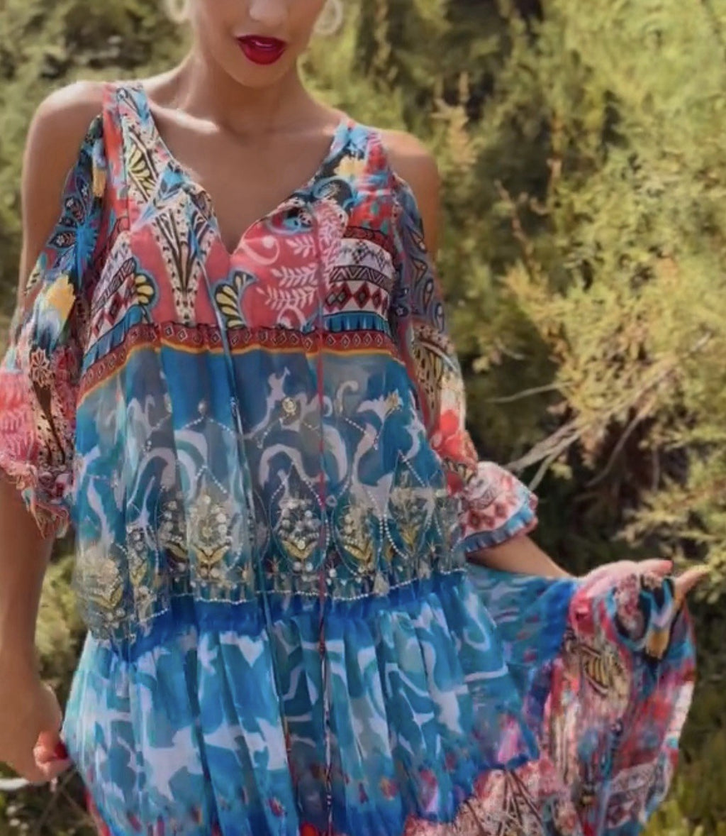 Antica Sartoria Long FLOWEY peek a boo sleeve Dress Blue & Pink Beautiful NWT OS