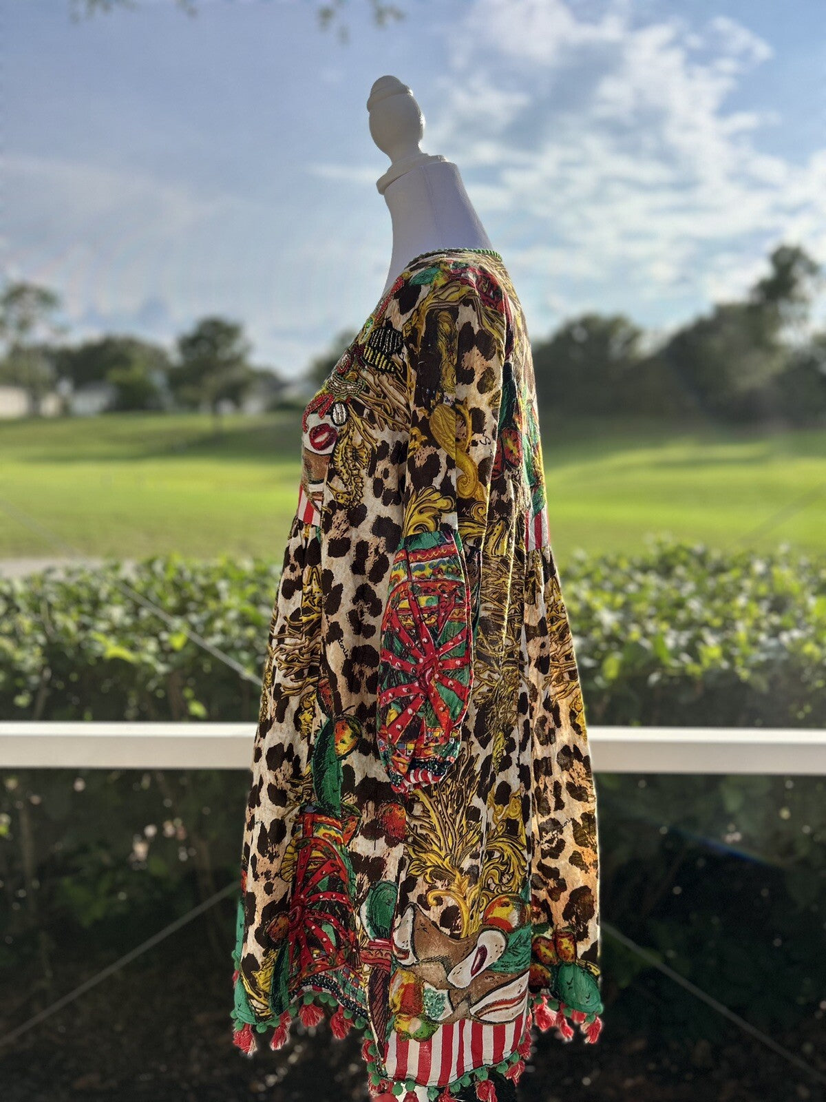 Antica Sartoria Brown Leopard & Green Cactus Dress with beads on top NWT O/S
