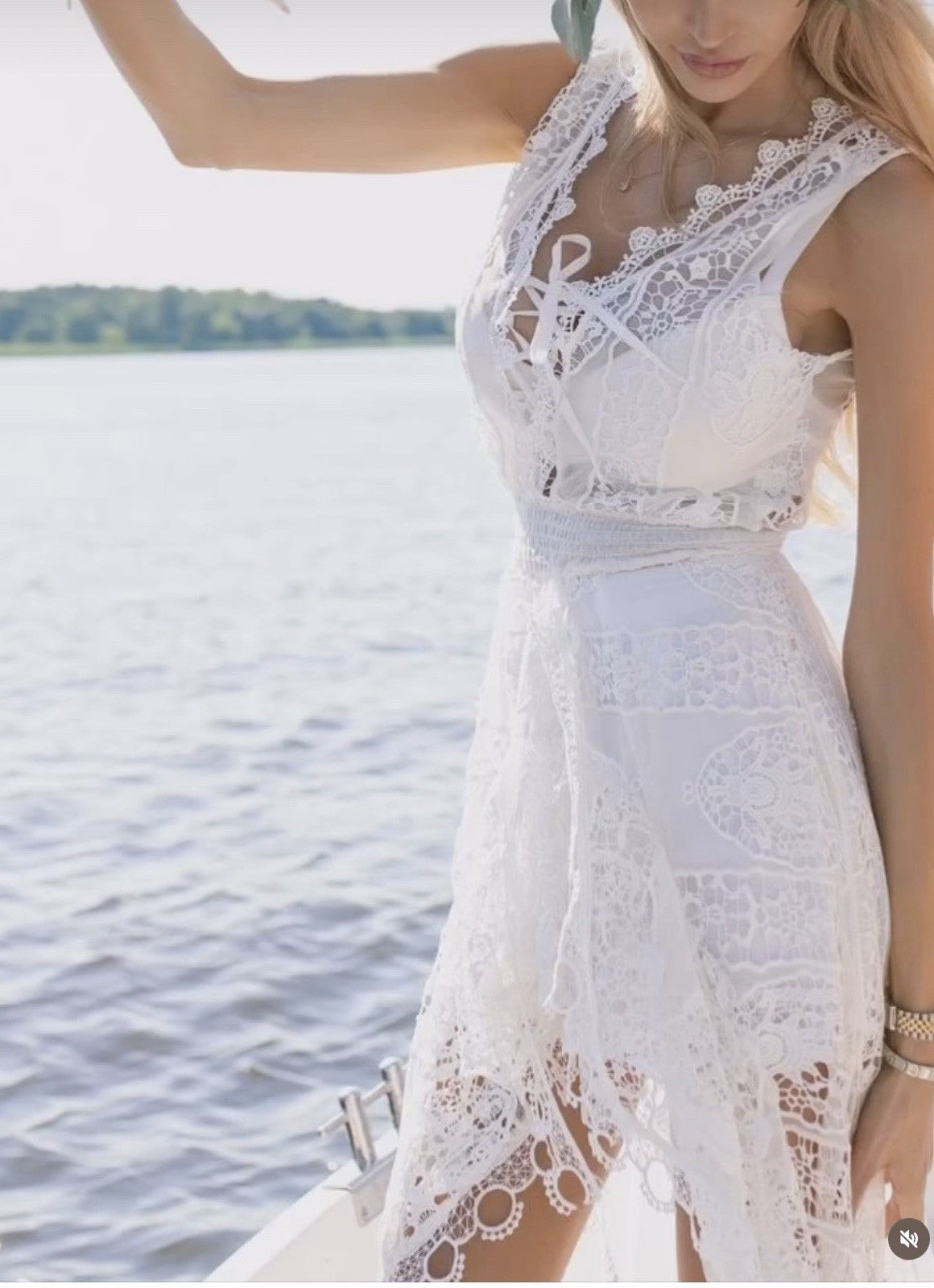 Antica Sartoria Long Back Short Front White Lace Dress  NWT With Under Skirt