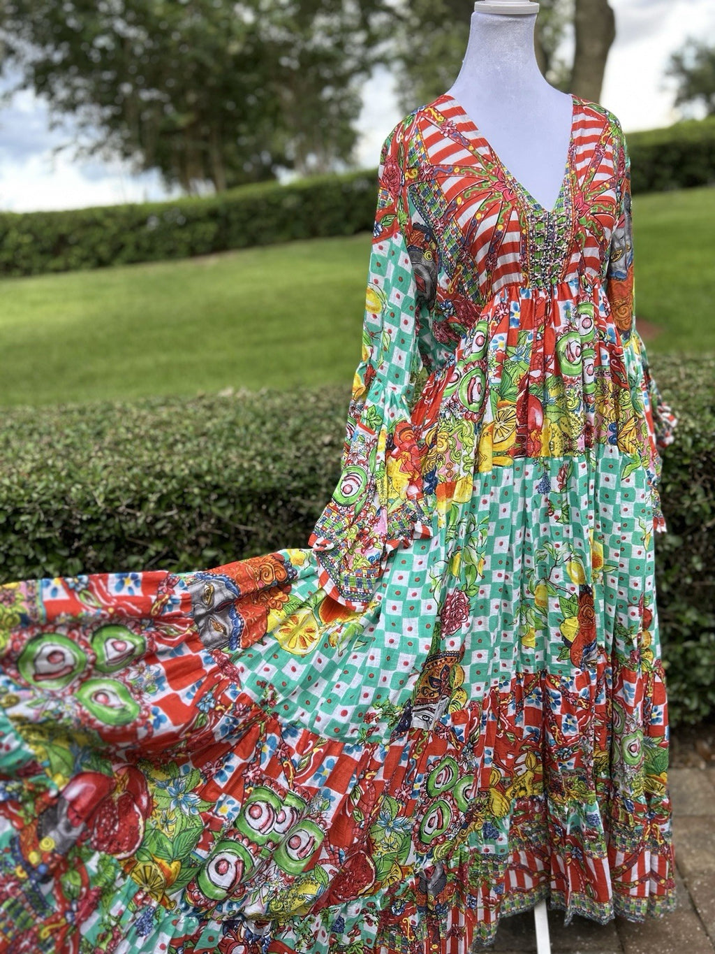 Antica Sartoria 2024 Gorgeous Print Green & Red Long Beaded V Neck Dress NWT O/S
