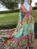 Antica Sartoria 2024 Gorgeous Print Green & Red Long Beaded V Neck Dress NWT O/S