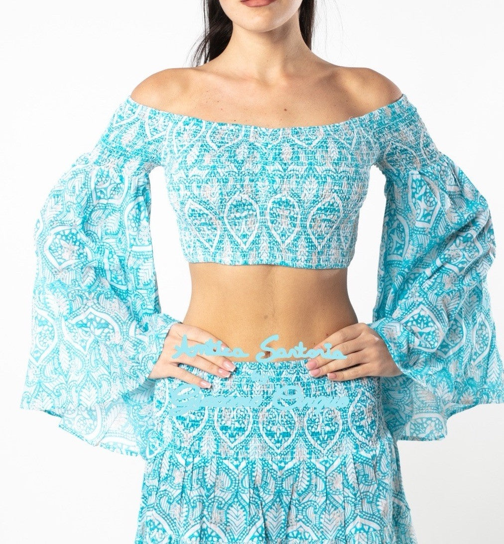 Antica Sartoria 2025 Blue & White 2 Pcs Skirt & Off Shoulder Top NWT O/S