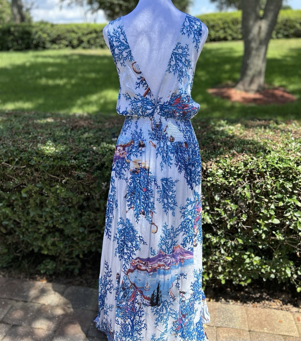 Antica Sartoria Long Back Short Front Blue & White Corals V Neck V Back Dress OS