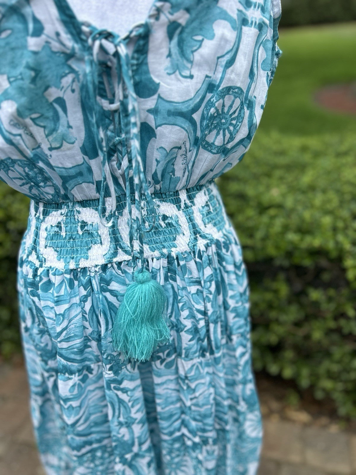 Antica Sartoria 2024 Aqua & White Beautiful Long Dress V-Neck NWT O/S