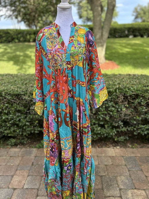 ANTICA SARTORIA 2024 LEMON & CORAL AQUA LONG Beaded DRESS NWT O/S
