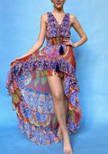 ANTICA SARTORIA 2024 ORANGE RED BLUE FLOWER SHORT IN FRONT LONG IN BACK DRESS